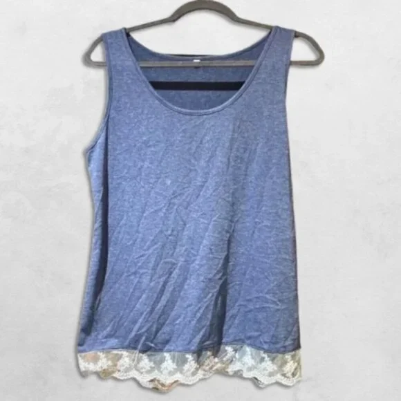 Flowy Tank Top Lace Hemline Relaxed Fit Lightweight Blue White Women's Medium - Picture 1 of 2